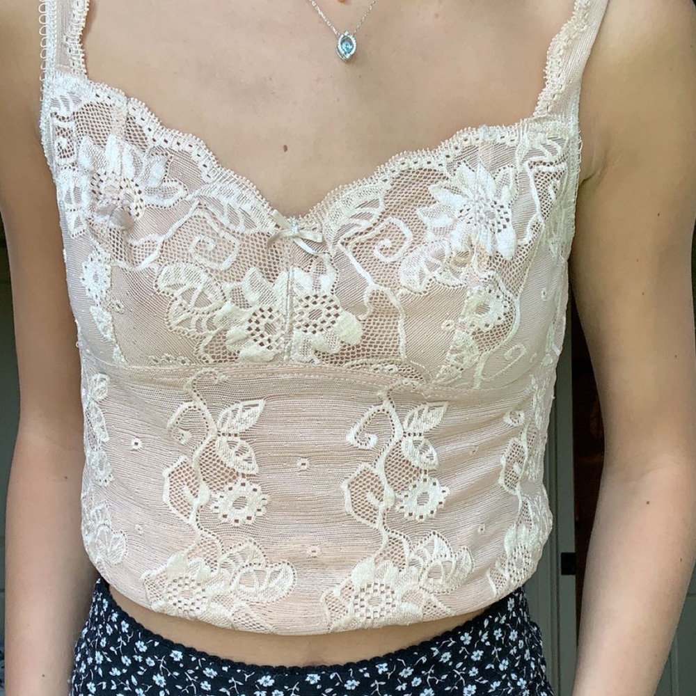 vintage tan floral lace sheer tank top🪐